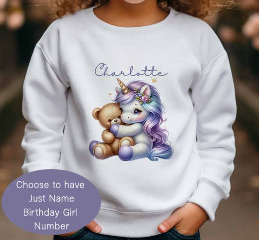 Children's Birthday Sweatshirt~ Jumper~ Personalised unicorn  and teddy   , 1,2,3,4,5