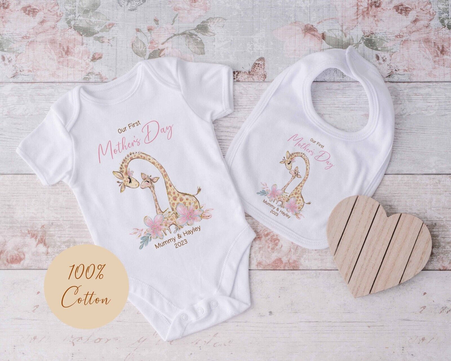 Our 1st Mother's  Day ~ Personalised Babygro~ vest~bib~Gift ~cute pink  giraffe