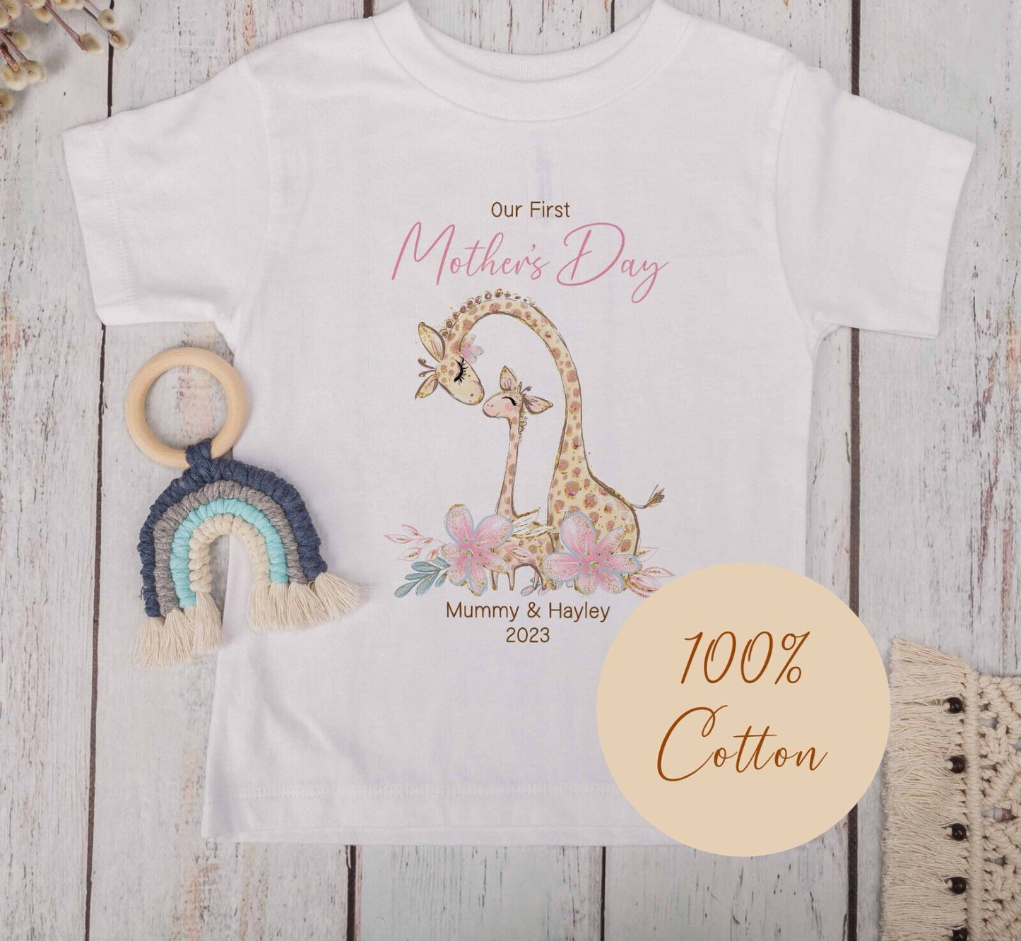 Our 1st Mother's  Day ~ Personalised Babygro~ vest~bib~Gift ~cute pink  giraffe