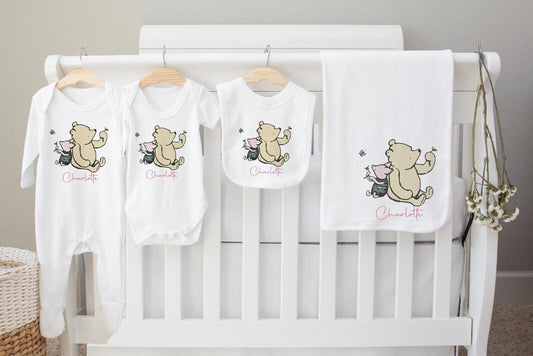 New Baby Hamper~Gift*Baby Gro*Blanket,bib,Set *Personalised pooh bear set 3