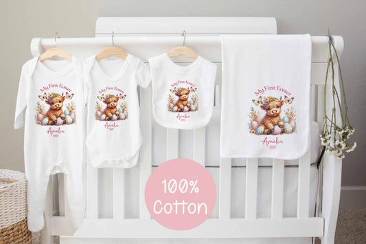 Baby Hamper~Gift*Baby Gro*Blanket, bib *Personalised Highland Cow ~ 1st Easter