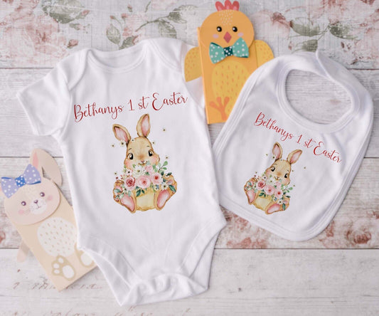 My 1st Easter ~ Personalised Babygro~ vest~bib~Gift ~Peach  Rabbit