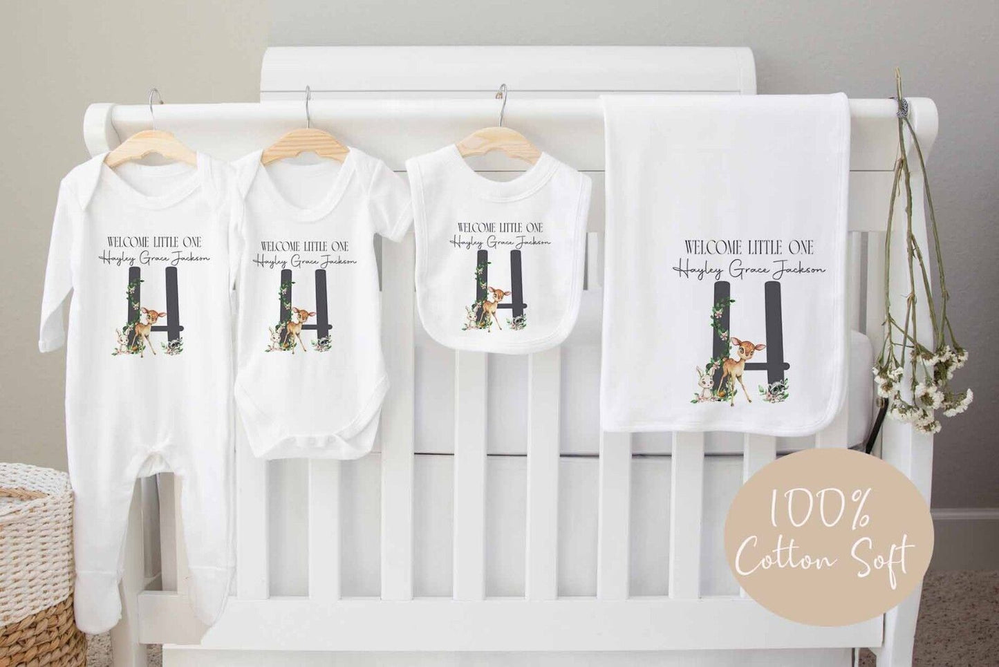 Woodland Animals lg letter  ~New Baby ~ Gift~*Baby Gro *Set *Personalised