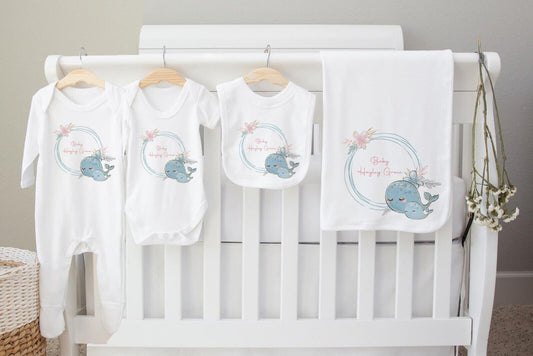 New Baby Hamper~Gift*Baby Gro*Blanket,bib,Set *Personalised little blue whale