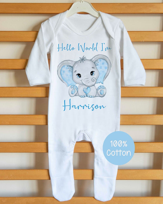 Welcome to the World ~Gift~*Baby Gro *Set ,bib,vest *Personalised~ Blue Elephant