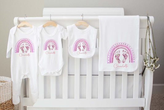 New Baby Hamper~Gift*Baby Gro*Blanket,bib,Set *Personalised pink baby feet