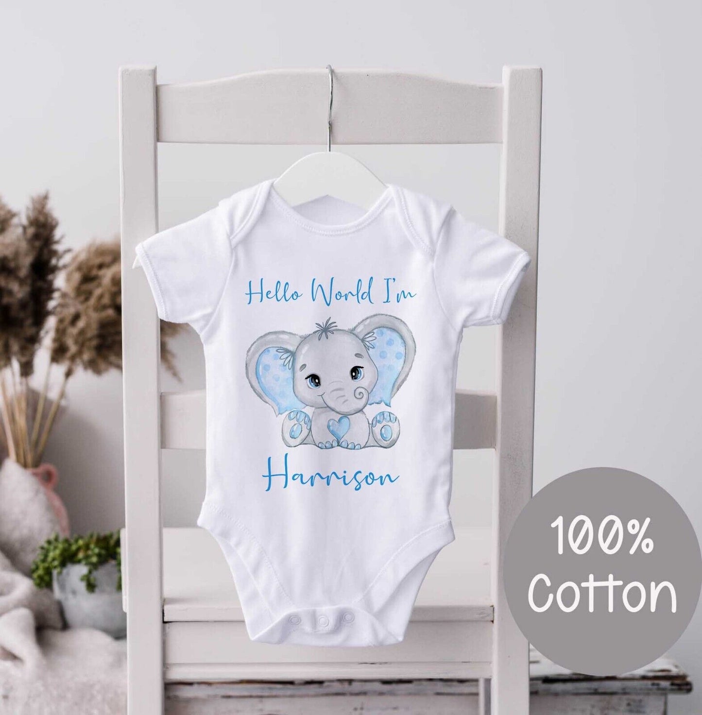 Welcome to the World ~Gift~*Baby Gro *Set ,bib,vest *Personalised~ Blue Elephant