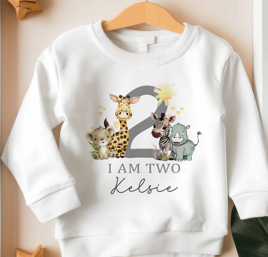 Safari Animal  I Am 1,2,3, grey  Children's~Birthday,Personalised~Sweat/Jumper