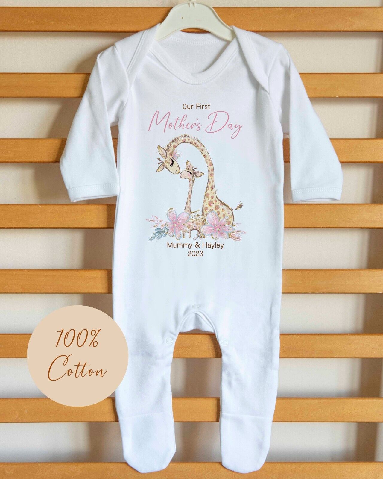 Our 1st Mother's  Day ~ Personalised Babygro~ vest~bib~Gift ~cute pink  giraffe