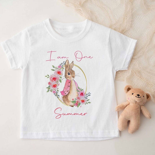 BABIES ~TODDLER ~BIRTHDAY~ T SHIRT * PERSONALISED ~ I AM ONE ~ flopsy rabbit