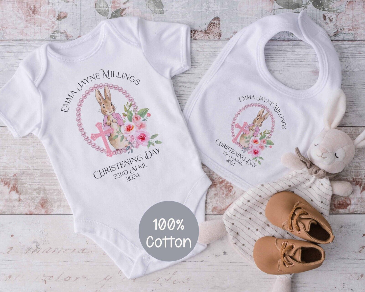 Baby's Christening  *Flopsy~Peter Rabbit *Baby Grow *Gro *Sleepsuit*Personalised