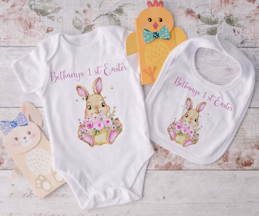 My 1st Easter ~ Personalised Babygro~ vest~bib~Gift ~Pink  Rabbit