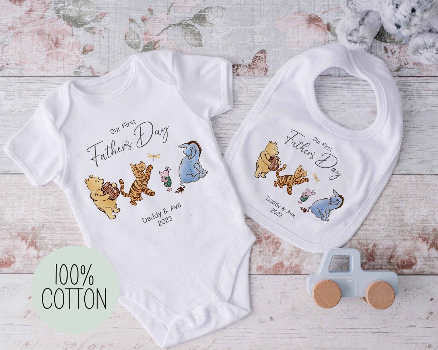 Our 1st Fathers  Day ~ Personalised Babygro~ vest~bib~Gift ~pooh bear & friends