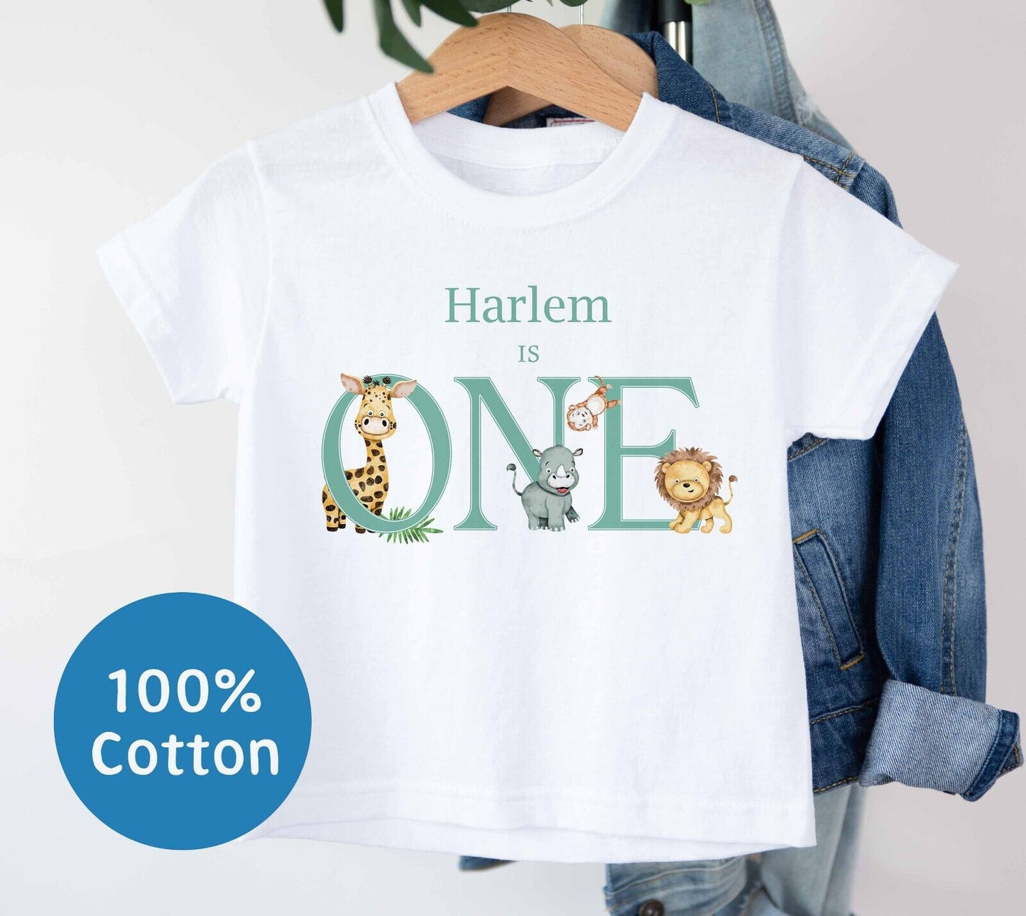 BABIES ~TODDLER~1ST BIRTHDAY~T SHIRT *PERSONALISED ~ "ONE" text safari ~Sage