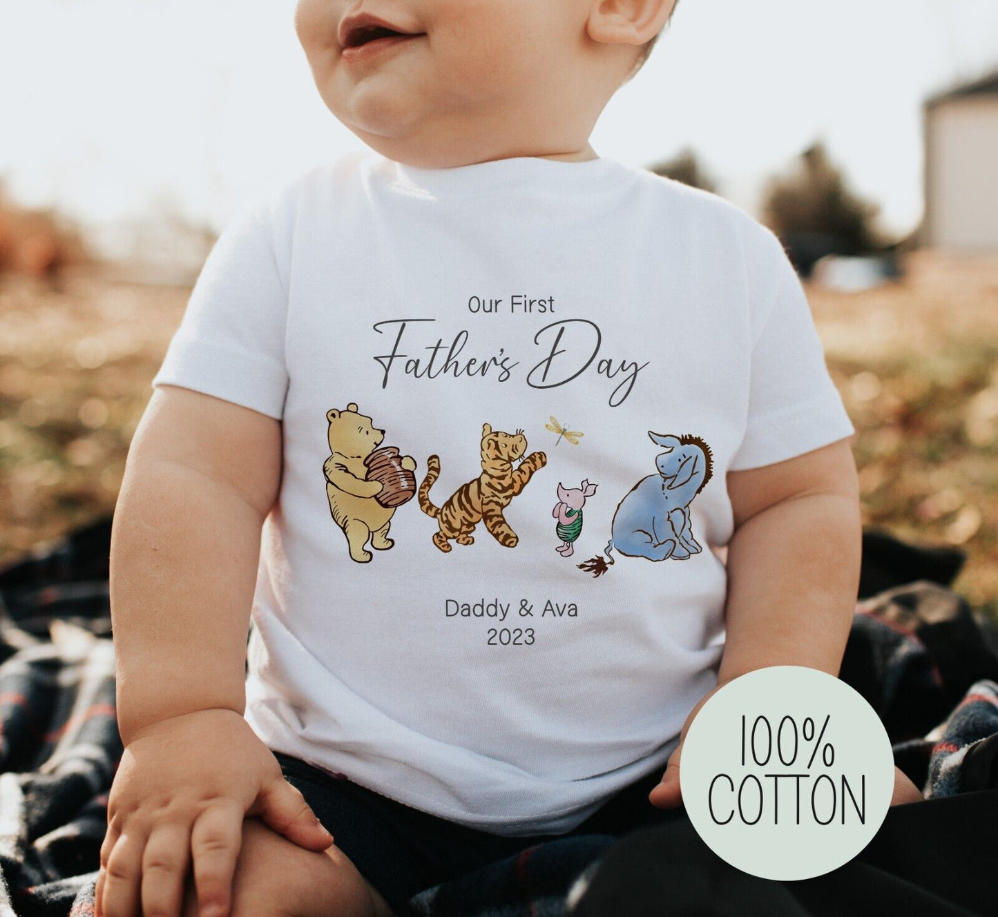 Our 1st Fathers  Day ~ Personalised Babygro~ vest~bib~Gift ~pooh bear & friends