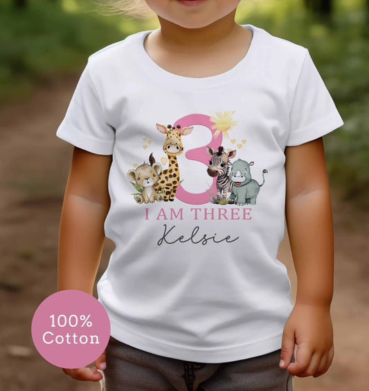 I Am  1,2,3 pink~Baby's~Childs~BIRTHDAY~T SHIRT* PERSONALISED ~Safari Animals