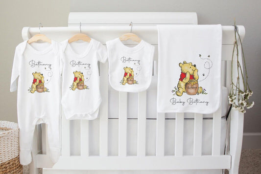 New Baby Hamper~Gift*Baby Gro*Blanket,bib,Set *Personalised pooh bear set 2