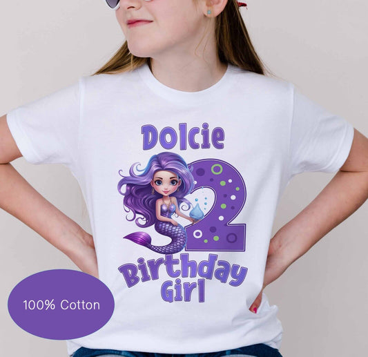 CHILDREN'S Mermaid purple  hair ,BIRTHDAY GIRL~BIRTHDAY T SHIRT * PERSONALISED