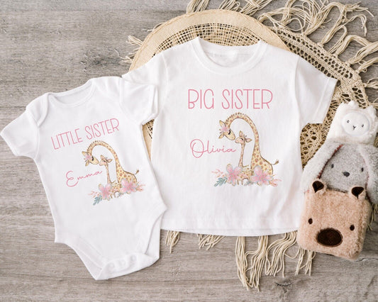 Personalised Siblings sets ~t-shirt, baby grow*vest~Sister pink Giraffe