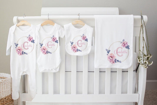 New Baby Hamper~Gift*Baby Gro*Blanket,bib,Set *Personalised pink peonies