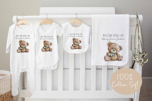 New Baby Hamper~Gift*Baby Gro*Blanket,bib *Personalised Cute Teddy Bear blue bow