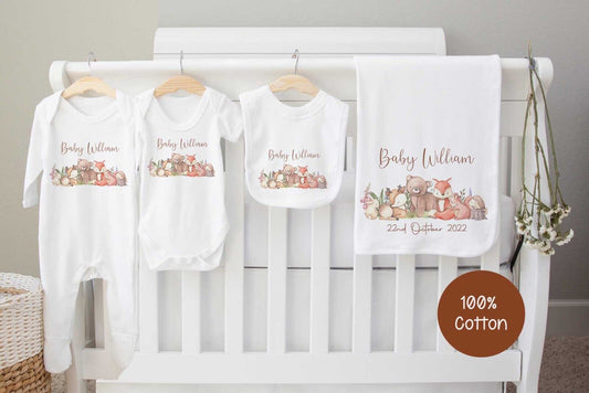 New Baby Hamper~Gift*Baby Gro*Blanket,bib,Set *Personalised woodland animals