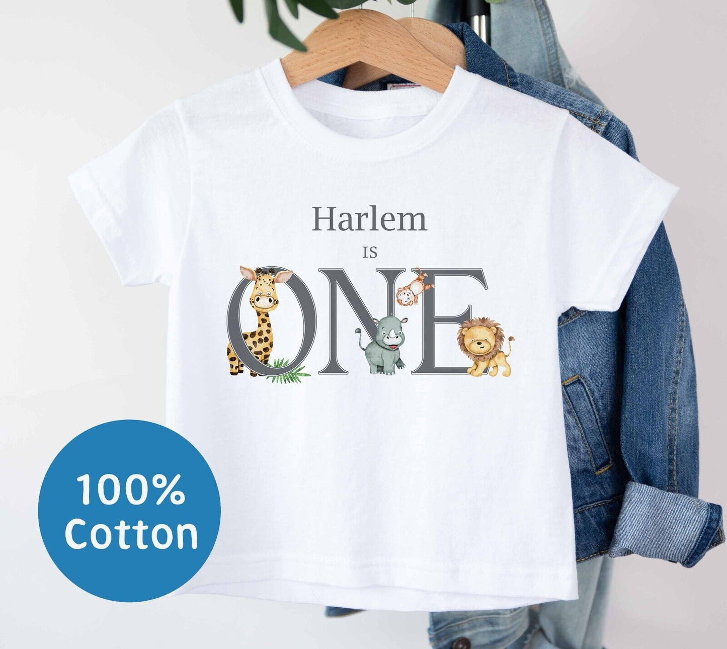 BABIES ~TODDLER~1ST BIRTHDAY~T SHIRT *PERSONALISED ~ "ONE" text safari ~Grey