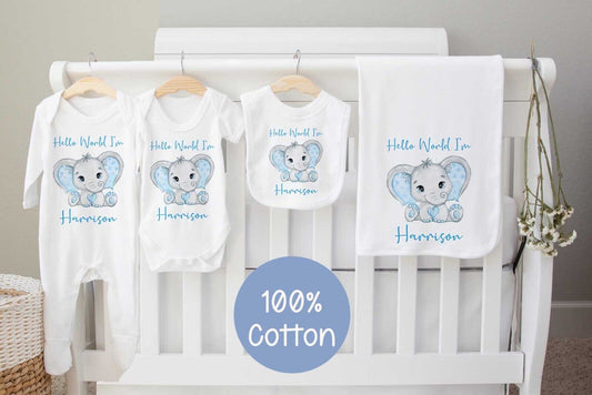 New Baby Hamper~Gift*Baby Gro*Blanket,bib,Set *Personalised blue elephant