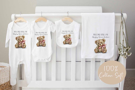 New Baby Hamper~Gift*Baby Gro*Blanket,bib *Personalised Cute Teddy Bear pink bow