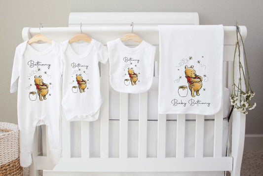 New Baby Hamper~Gift*Baby Gro*Blanket,bib,Set *Personalised pooh bear set 1