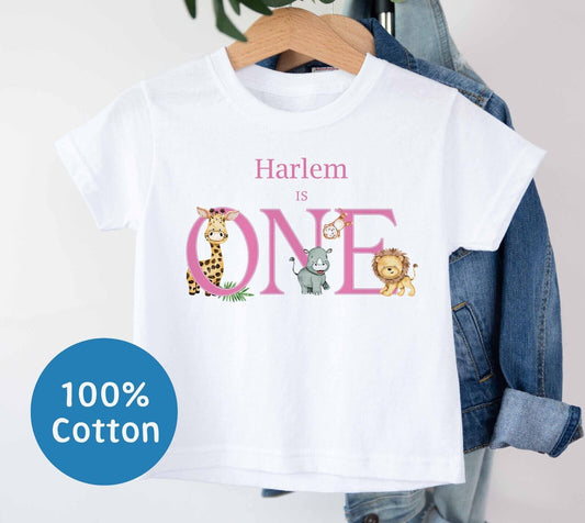 BABIES ~TODDLER~1ST BIRTHDAY~T SHIRT *PERSONALISED ~ "ONE" text safari ~Pink