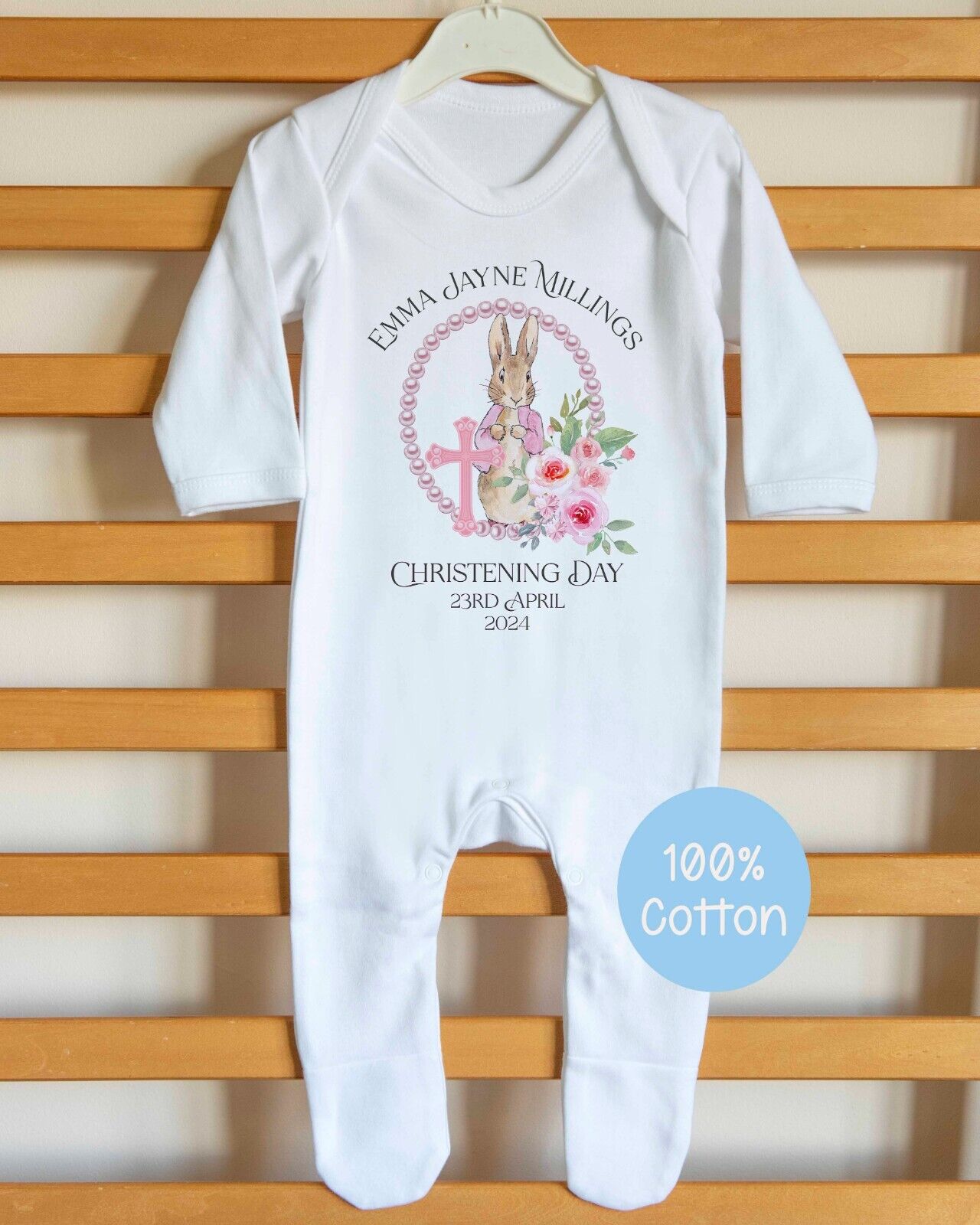 Baby's Christening  *Flopsy~Peter Rabbit *Baby Grow *Gro *Sleepsuit*Personalised