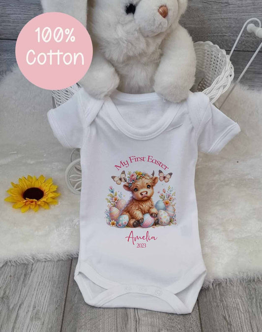 My 1st Easter ~ Personalised Babygro~ vest~bib~Gift ~Cow ~Highland cow calf