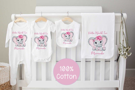 New Baby Hamper~Gift*Baby Gro*Blanket,bib,Set *Personalised pink elephant