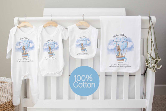 Baby Hamper~Gift*Baby Gro*Blanket,Set*Personalised~ Peter Rabbit Balloon Ride