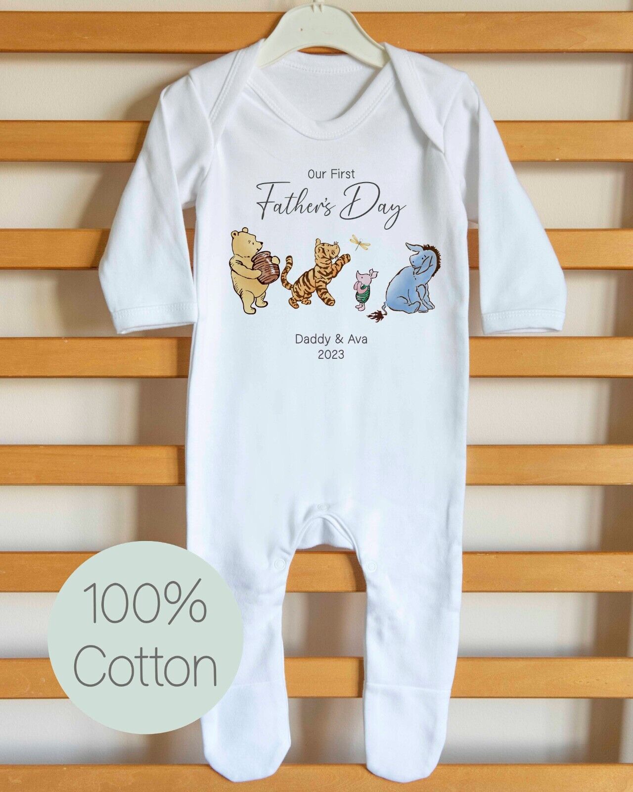 Our 1st Fathers  Day ~ Personalised Babygro~ vest~bib~Gift ~pooh bear & friends