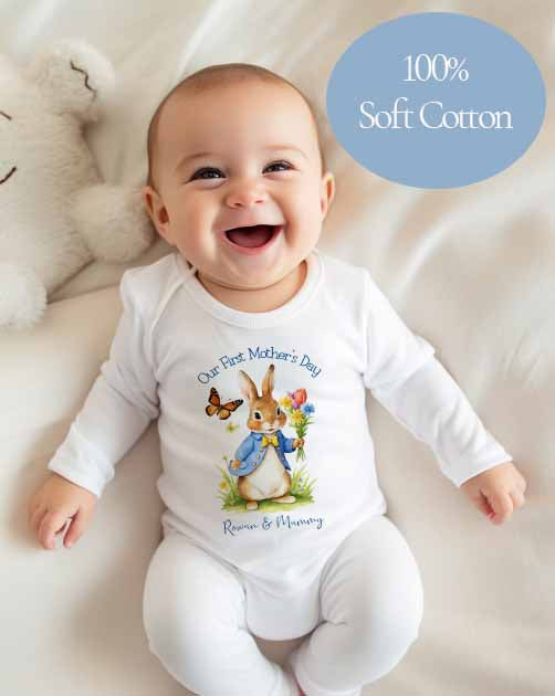 Our 1st Mother's  Day ~ Personalised Babygro~ vest~bib~Gift ~cute blue Peter  Rabbit