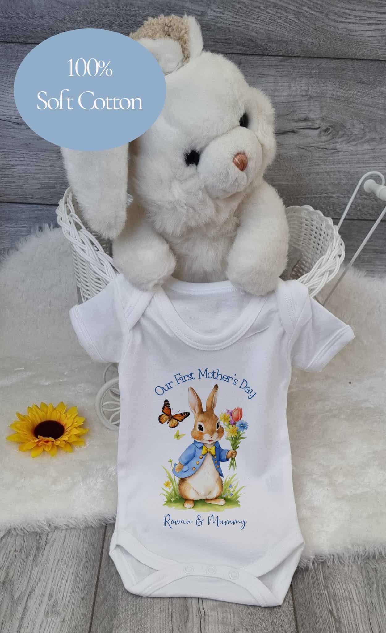 Our 1st Mother's  Day ~ Personalised Babygro~ vest~bib~Gift ~cute blue Peter  Rabbit