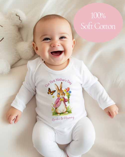 Our 1st Mother's  Day ~ Personalised Babygro~ vest~bib~Gift ~cute pink  Floppys  Rabbit