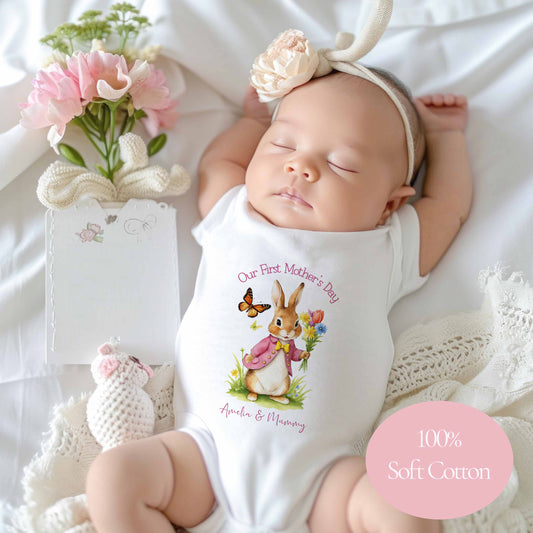 Our 1st Mother's  Day ~ Personalised Babygro~ vest~bib~Gift ~cute pink  Floppys  Rabbit