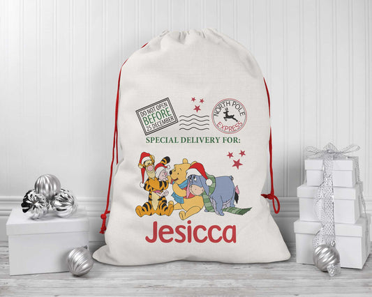 Pooh & Friends  Christmas Personalised Gift Sack* Present bag*Christmas Santa