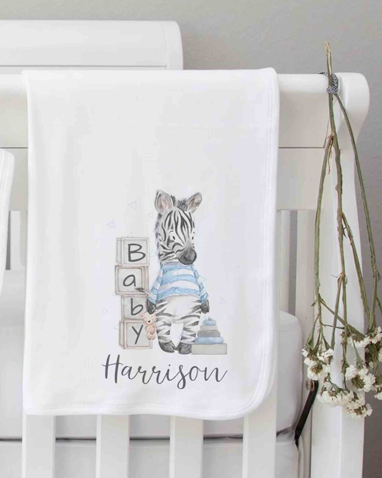 Baby blanket~Personalised Baby Blanket  100% cotton *Birth Gift ~Blue Zebra