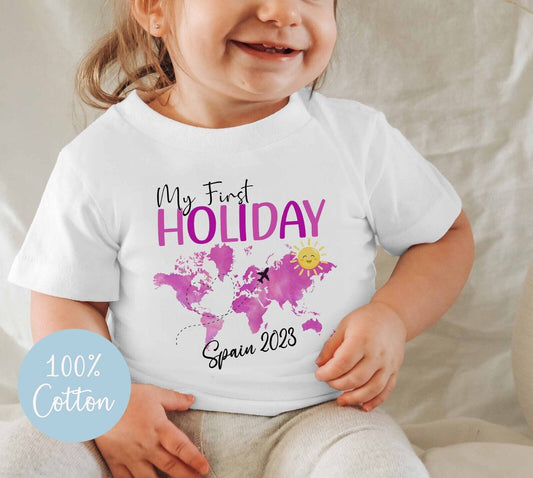 1st Holiday T shirt*Personalised Children's *family holiday~pink  world map