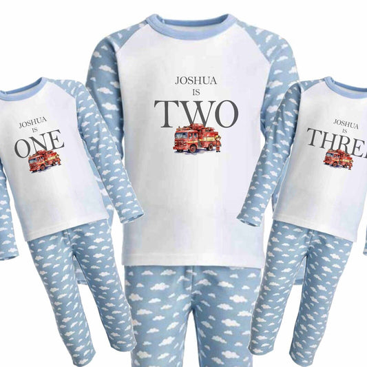 CHILDRENS Personalised BIRTHDAY Pjs*blue clouds ~I AM ONE,TWO,THREE,FIRE ENGINE