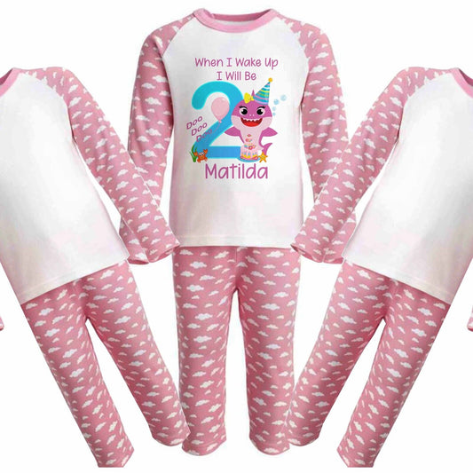 CHILDRENS PERSONALISED BIRTHDAY PYJAMAS *Baby Shark *WHEN I WAKE UP *pink cloud