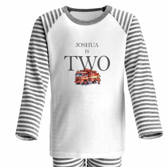 CHILDRENS Personalised BIRTHDAY Pjs*GREY ~I AM ONE,TWO,THREE,FOUR , FIRE ENGINE