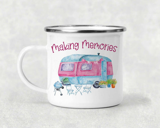 Making Memories ~Enamel  Mug*Gift *Personalised camping , pink  caravan