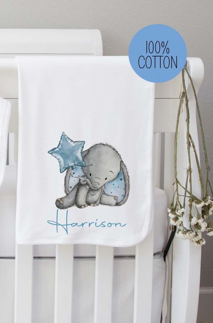 Baby blanket~ Personalised Baby Blanket  100% cotton *Birth Gift ~Blue Elephant