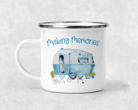 Making Memories ~Enamel  Mug*Gift *Personalised camping , blue caravan