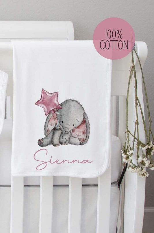 Baby blanket~ Personalised Baby Blanket  100% cotton *Birth Gift ~Pink  Elephant